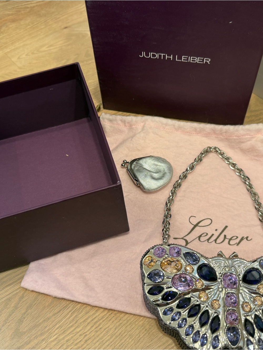 Judith Leiber Jeweled Butterfly Evening Clutch in Purple, Pink, Gold - Picture 5 of 6